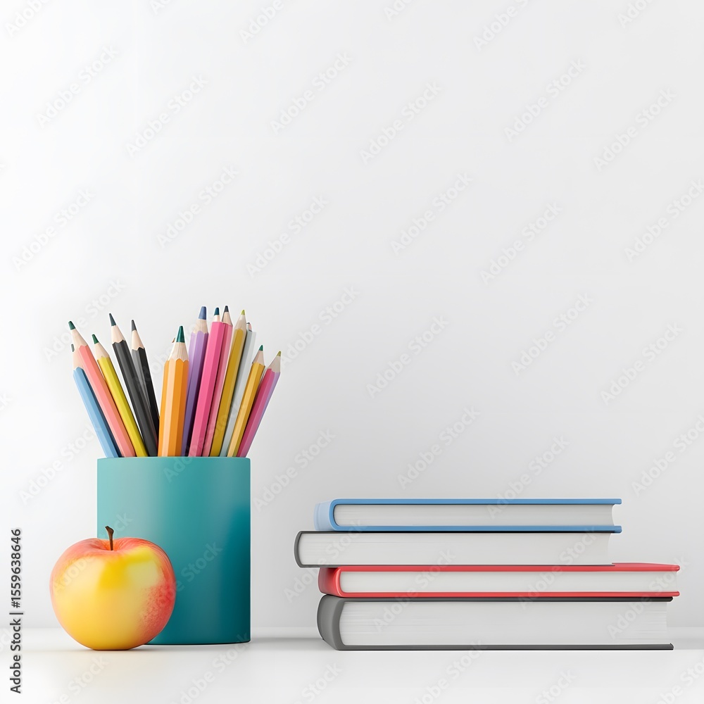 Fototapeta premium Colorful Pencils On Desk With Apple And Stacked Books In Background