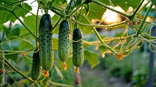 Fresh cucumbers growing on a vine in a lush garden during sunset, showcasing nature's bounty