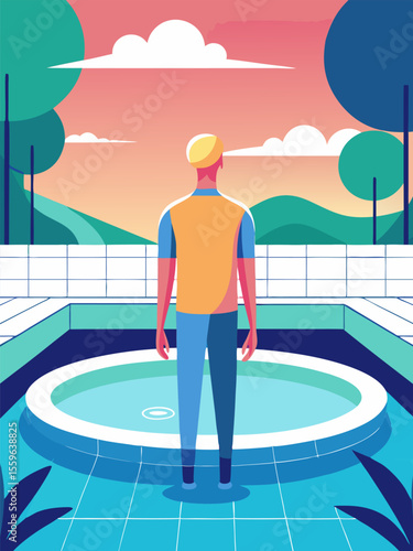 Tranquil Sunset. Man Contemplates at a Serene Poolside