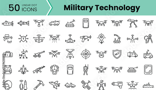 A visual collection of 50 military technology icons, including drones, tanks, and protective gear, showcasing innovation and defense advancements in a modern design.