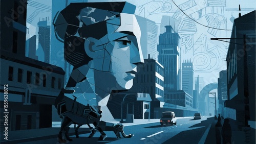 Fragmented Face Overlooking Urban Scene with Silhouetted Figures
