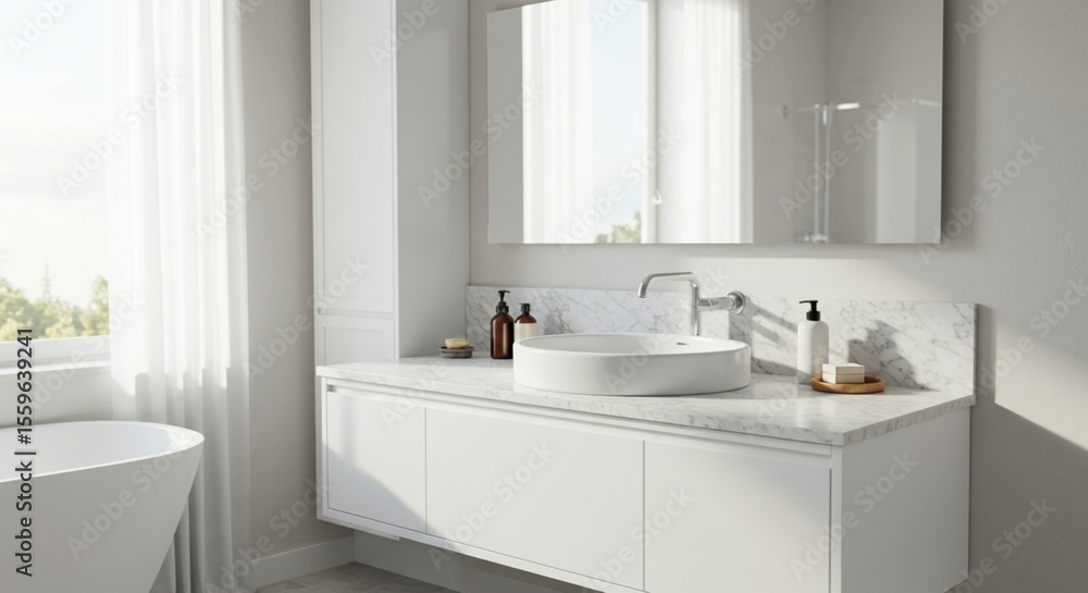Fototapeta premium realistic 3d rendering background a modern white vanity unit in the bathroom with mirror and round ceramic wash basin on marble countertop morning sunlight products display background mock up