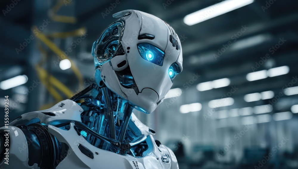 Fototapeta premium AI-powered robot with glowing eyes, standing in a futuristic lab surrounded by high-tech equipment.