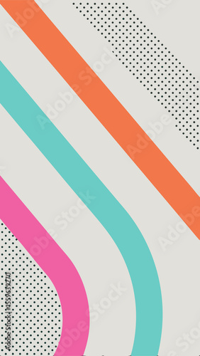 Abstract Lines and Dots: A vibrant and contemporary artwork featuring a dynamic arrangement of colorful curved lines and small dots. Showcasing a minimalist yet impactful aesthetic