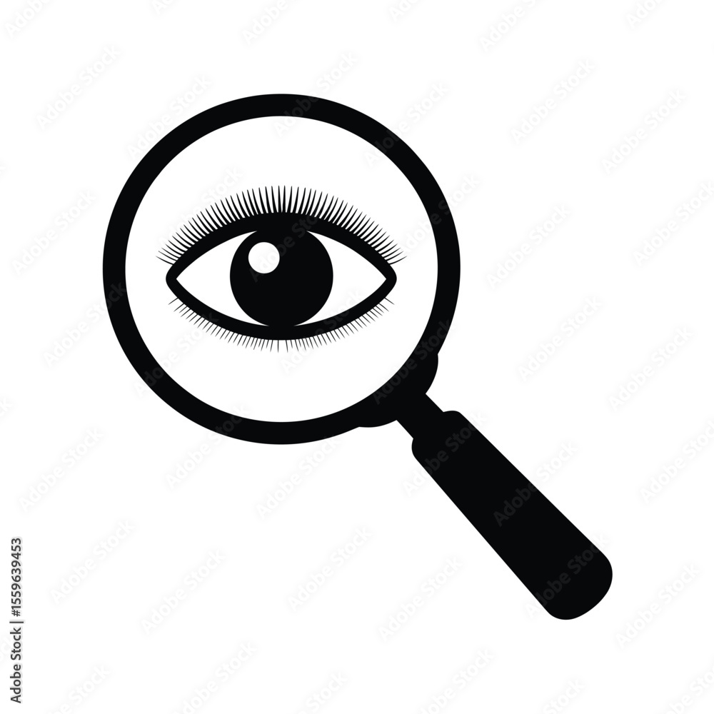 Eye under magnifying glass simple vector illustration in black and white Eye under magnifying glass simple vector illustration in black and white