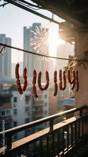 Sausages hanging on a balcony with cityscape and fireworks in the background during sunset