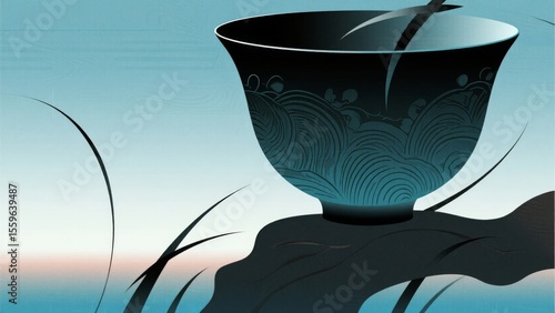 Elegant Black Bowl with Intricate Wave Patterns Set Against a Gradient Background