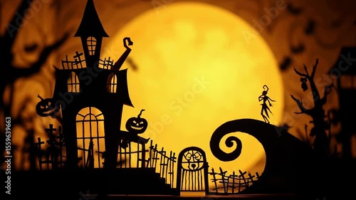 A whimsical and spooky scene rendered in the style of a shadow puppet theater. A lanky, skeletal figure walks along a curly, coiled hilltop towards a crooked, top-heavy haunted house. 