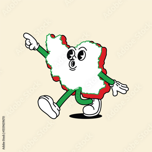 Cheerful Iran Maps character. Walking cheerfully and his mouth whistled. Iran Maps Retro vintage mascot character with gloved hand and foot, rubber hose cartoon style.