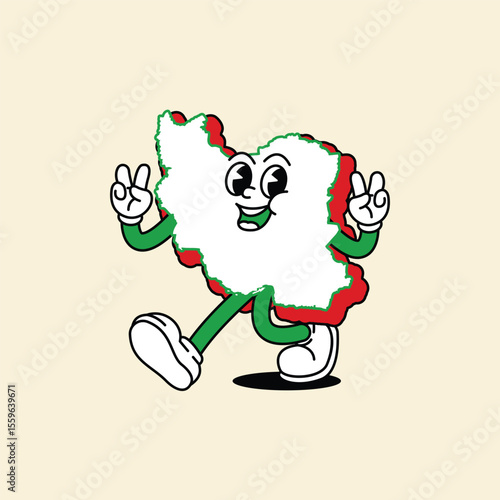 Cheerful Iran Maps character. Walking cheerfully and both hands brandish the Peace symbol. Iran Maps Retro vintage mascot character with gloved hand and foot, rubber hose cartoon style.