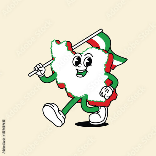 Cheerful Iran Maps character. Walk cheerfully and holds the Iranian flag. Iran Maps Retro vintage mascot character with gloved hand and foot, rubber hose cartoon style.