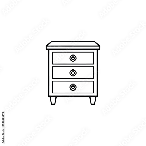 Outline drawing of a nightstand with three drawers and knobs