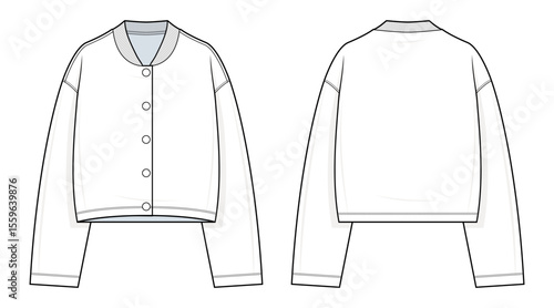 Cropped Button-Up Cardigan Technical Fashion Illustration. Long-Sleeve Knit Jacket with Round Neckline Vector Template. Front and Back View. Women’s Casualwear. CAD Mockup Set.