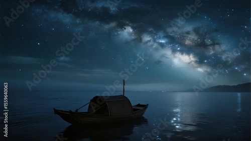 A solitary boat floats on calm waters under a starry night sky with the Milky Way in view.