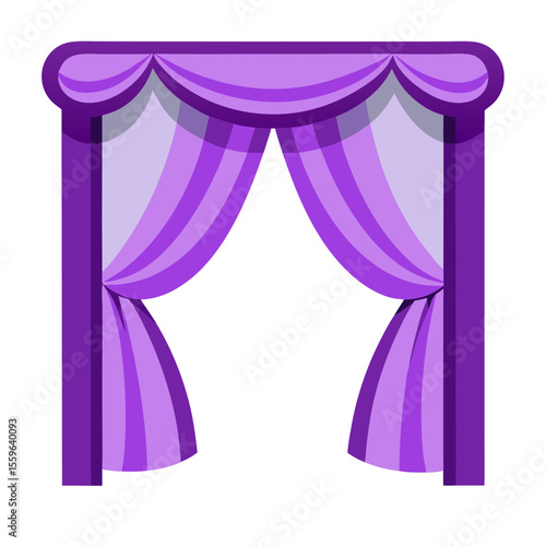 purple theater curtains with gradient shading, featuring draped fabric panels tied back on both sides with a decorative valance across the top.