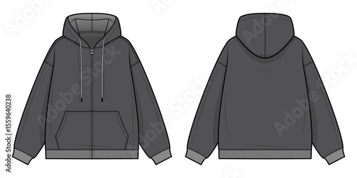 Gray Relaxed Hoodie Technical Fashion Illustration. Long-Sleeve Pullover Hoodie with Front Kangaroo Pocket Vector Template. Front and Back View. Unisex Casualwear. Dark Gray Color. CAD Mockup Set.