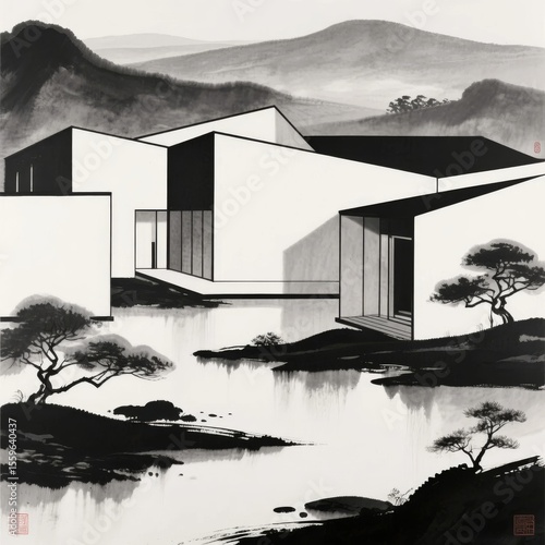 Modern Architecture Nestled in a Serene Landscape with Reflections in Water