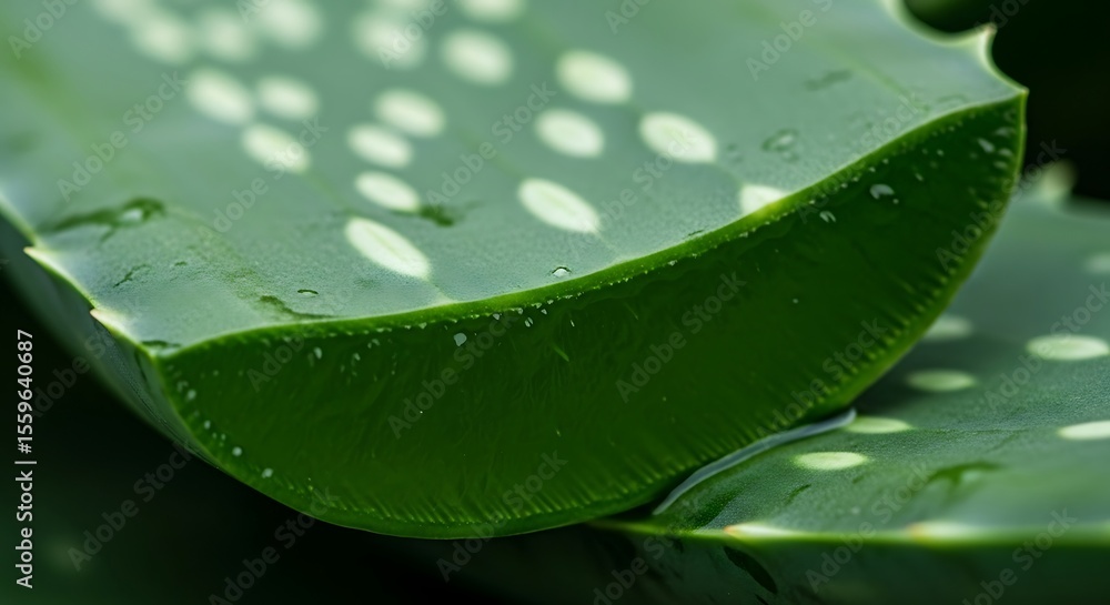 Fototapeta premium Close-up view of a sliced aloe vera leaf, showing internal gel and texture.