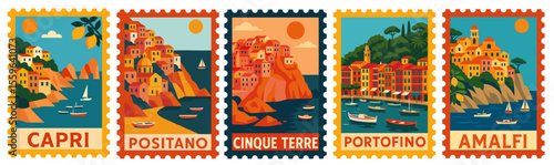 SET OF ITALIAN CITY AND LANDSCAPE STAMPS DOLCE VITA STYLE (CINQUE TERRE, POSITANO, PORTOFINO AMALFI, CAPRI)