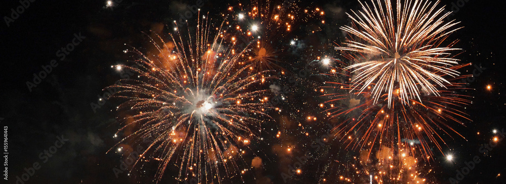 Fototapeta premium Banner Golden Firework celebrate anniversary independence day night time celebrate national holiday. Countdown 2025 party time event. Happy new year 2025 4th of july holiday festival with copy space
