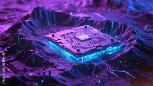 Futuristic CPU Chip Embedded in a Neon-Lit Circuit Landscape