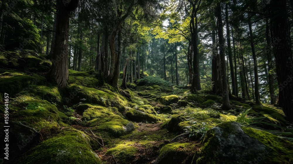 Sun-Dappled Forest Trail with Moss-Covered Rocks and Towering Trees Sun-Dappled Forest Trail with Moss-Covered Rocks and Towering Trees