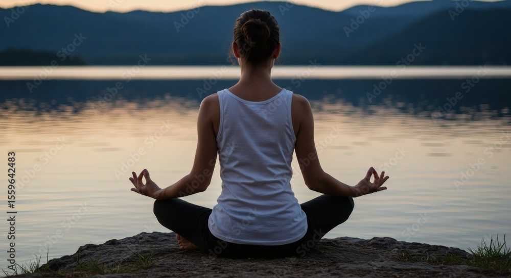 Fototapeta premium A person in a white tank top meditating in a lotus position by a vast lake at dusk.