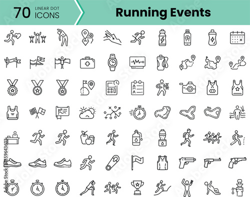 A collection of 70 linear dot icons illustrating various aspects of running events, featuring runners, hydration, and timing tools in a clean, minimalist design.