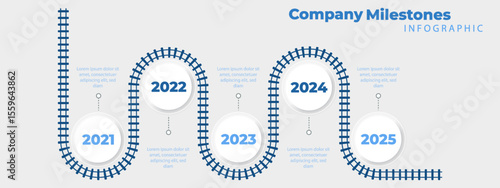 Іnfographic in blue with five steps for annual milestone or business timeline. Circle icons, diagram,  process elements for data flow. Vector banner layout for report, marketing, or web presentation.
