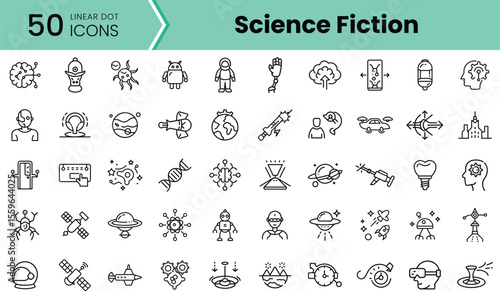 A collection of 50 linear dot icons featuring various science fiction themes, including robots, space elements, and futuristic technology, set on a vibrant background.