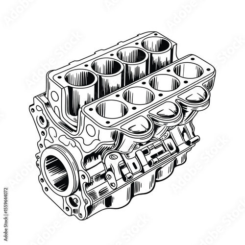 Detailed Black and White Line Art Illustration of a V8 Engine Block