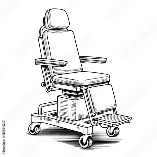 Medical Examination Chair Illustration in Black and White Line Art Style