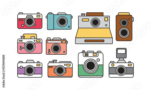 A collection of classic camera illustrations of various types with hand-drawn outlines