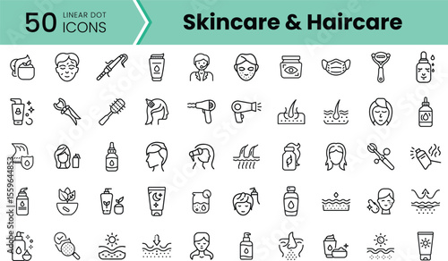 A collection of 50 linear icons representing skincare and haircare essentials, featuring bottles, tools, and various beauty treatments to enhance your daily routine.