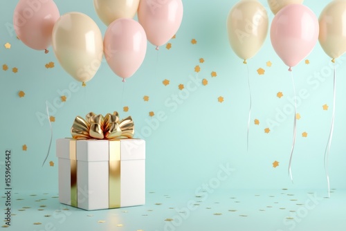 Anniversary celebration design with glossy gift box and shiny balloons against pastel background, 3D style