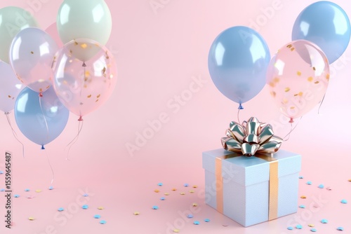 Anniversary celebration design with glossy gift box and shiny balloons against pastel background, 3D style