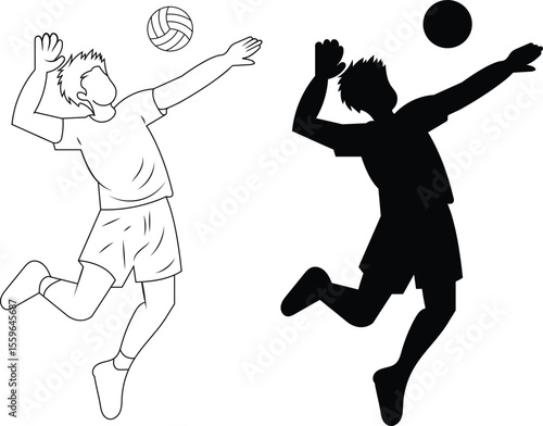 Outline and silhouette of volleyball player jumping high vector