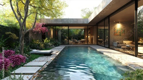 Wallpaper Mural Modern courtyard house with pool, lush landscaping, and large glass windows Torontodigital.ca