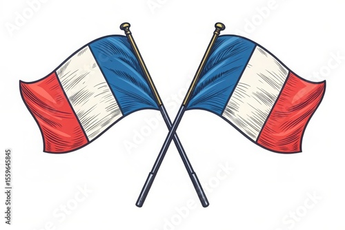 Two crossed french flags waving on poles with a sketchy artistic style