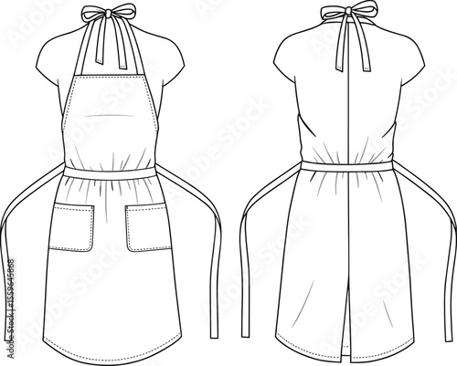 Apron dress flat sketch, front and back view, technical vector drawing, fashion design template, cad illustration, clothing design outline