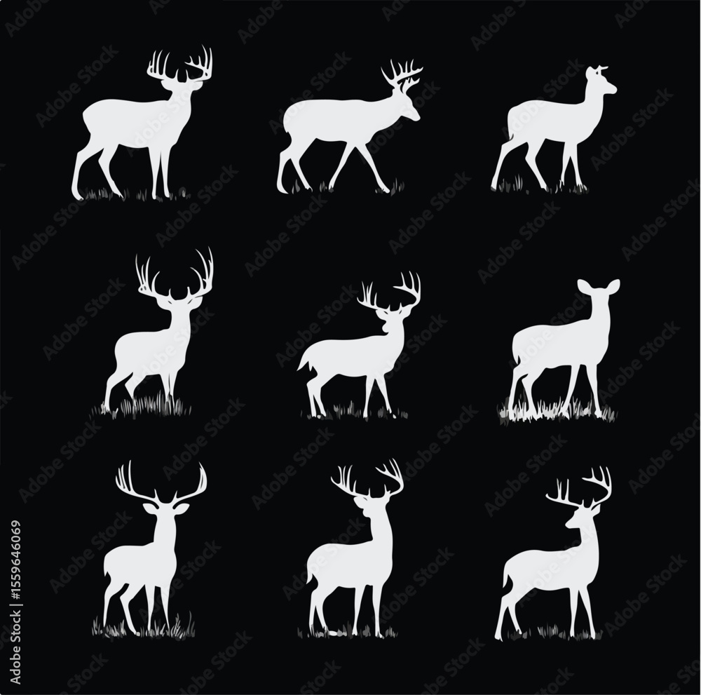 Fototapeta premium whitetail buck silhouette set, Black & White silhouette set