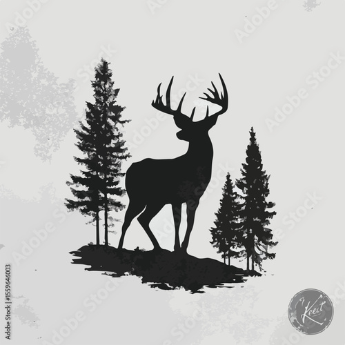 whitetail buck silhouette set, Black & White silhouette set