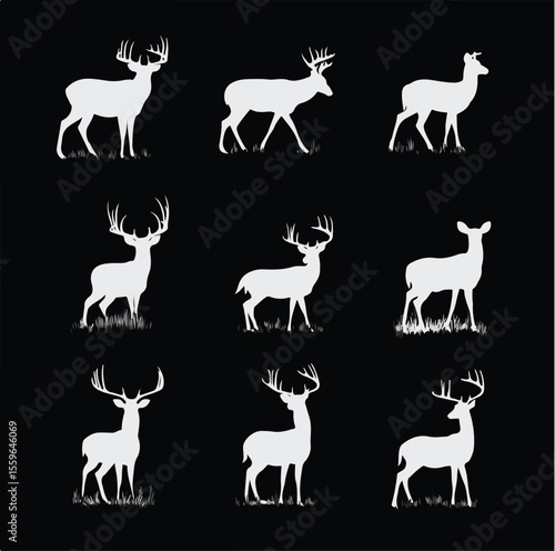 whitetail buck silhouette set, Black & White silhouette set