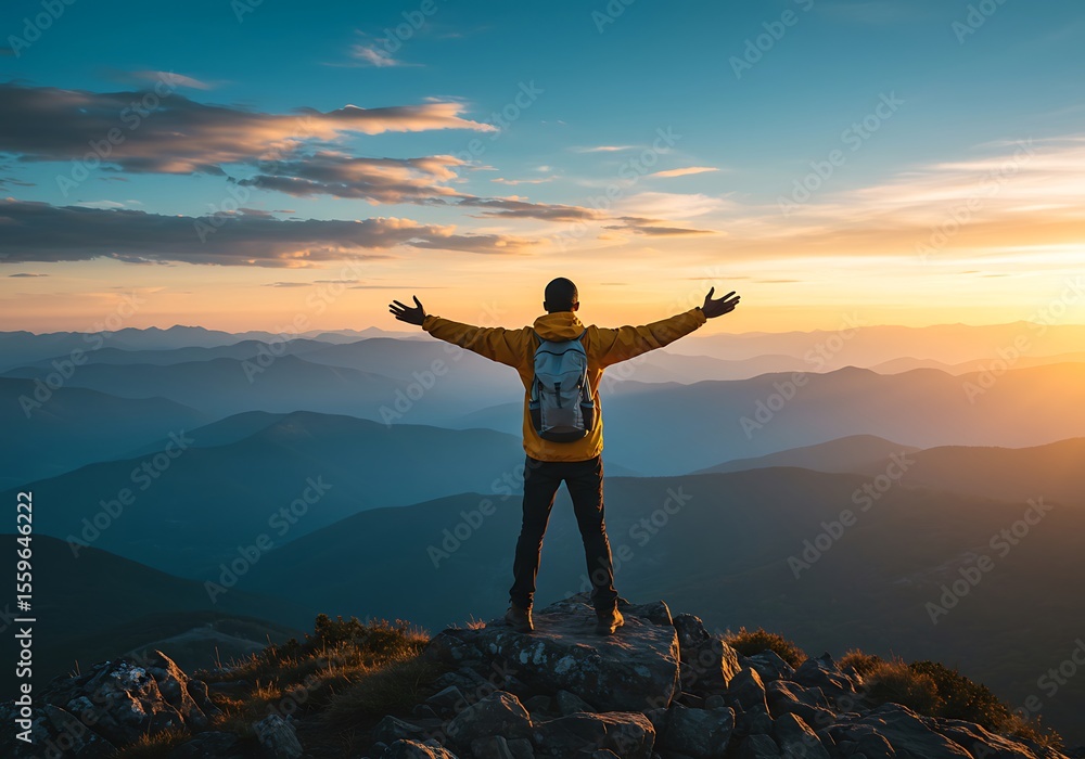 Obraz premium Hiker enjoys breathtaking mountain sunrise vista. Generative Ai
