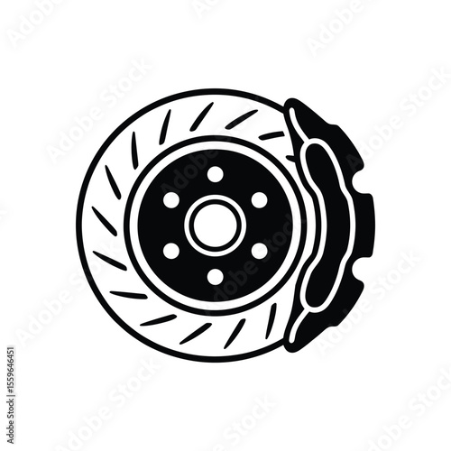 Black and white vector illustration of car brake disc and caliper