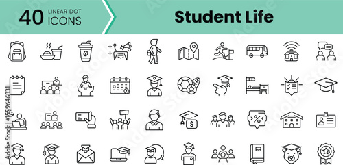 A collection of 40 linear dot icons representing various aspects of student life, including education, activities, and social interactions.
