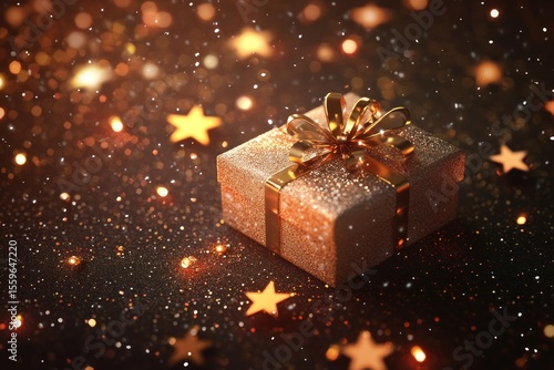 3D render of gift box surrounded by shining stars on a holiday festive background, banner and card design