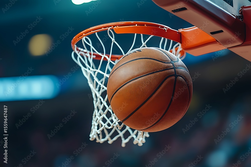 Fototapeta premium Basketball ball in flight towards the hoop with net and orange backboard against blurred background