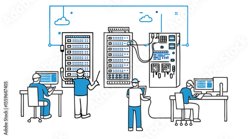 Illustration of it engineers working with servers and cloud infrastructure diagrams in a data center