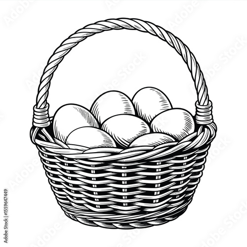 Hand Drawn Wicker Basket Full of Eggs Black and White Illustration